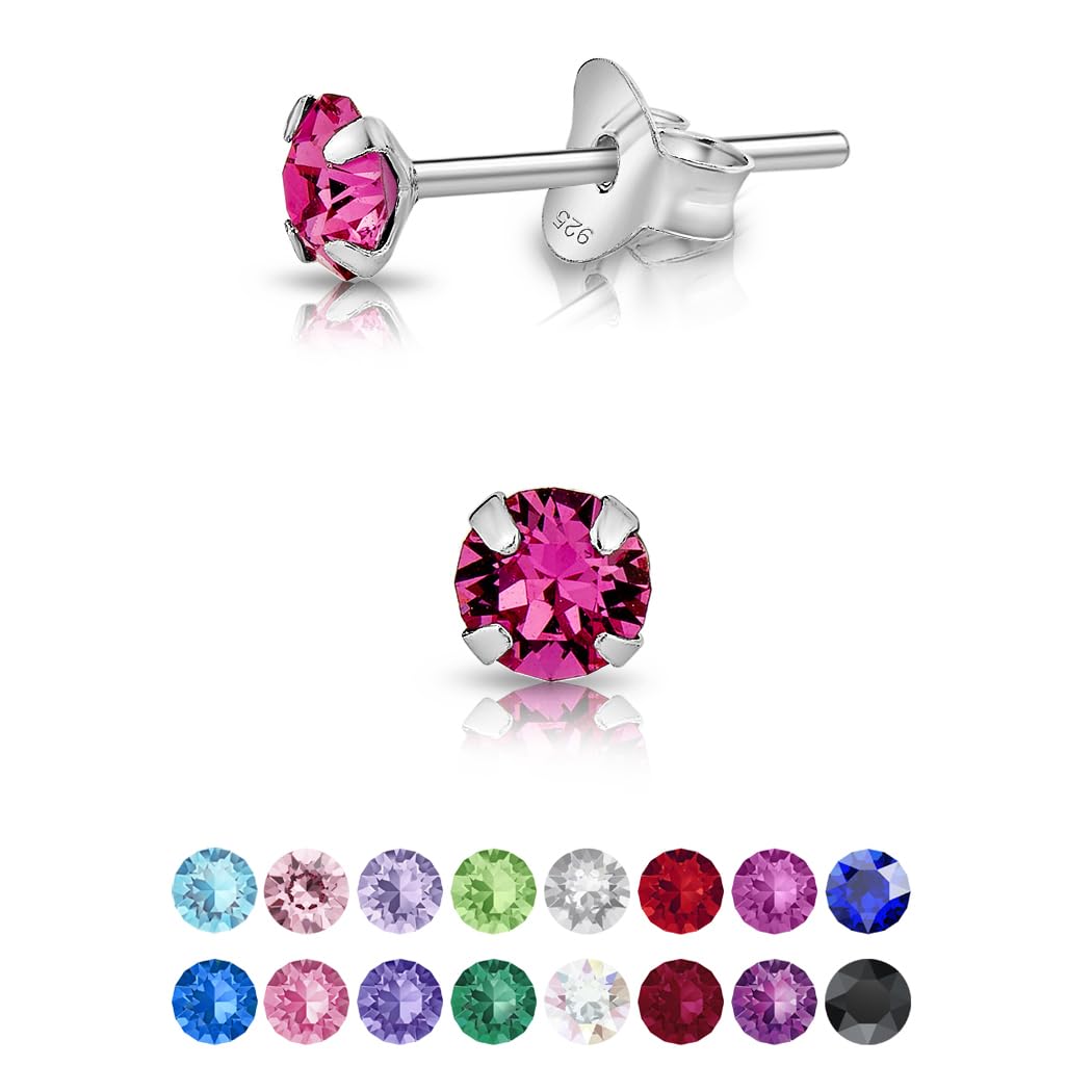 925 Sterling Silver Round SMALL Stud Earrings made with Glittering Crystals - Silver Studs Earrings for Woman - Diameter: 4 mm - Colour : Rose