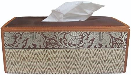 Handmade Rectangular Woven Tissue Box Cover Made From Thai Natural Reed Straw with Silk Elephant Design