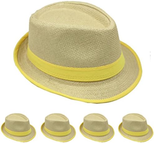 Straw Fedora Hat Trilby Style Banded and Rim Line Gangster Panama Classic Hat (Yellow)