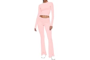 ARYAPYPER Womens 2 Piece Lounge Sets Long Sleeve Cropped Top Fold-Over Flare Pant Set Casual Comfort Outfits Pajamas