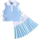 2Pcs Summer Clothes Toddler Baby Girl Golf Outfit Solid Sleeveless Polo Shirt and Pleated Mini Skirt Set