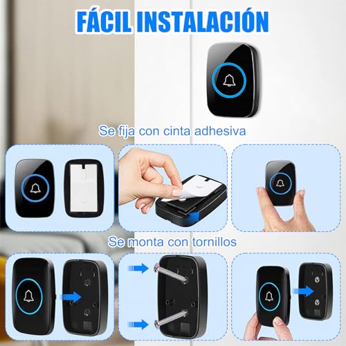 Salandens Timbre Inalámbrico para Puerta, 1 Transmisor y 1 Receptor, Timbre Impermeable Volumen Ajustable Alcance a 300m con 60 Melodías, 5 Niveles de Volumen, LED Indicador, Negro