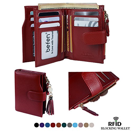 Befen Women s RFID Blocking Luxury Full Grain Genuine Leather Bifold Trifold Wallet Multi Card Organizer Holders for Ladies (Burgundy RFID Wallet Small)