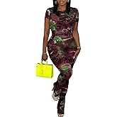 Two Piece Set Jumpsuit for Women Sexy Short Sleeve Floral Printed Mesh Bodycon Flared Pants Matching Set Club Outfits