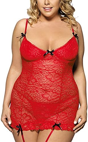 CLASSY KISS Plus Size Lace Apron Style Babydoll Set With Five Red Satin Bow Red-3XL