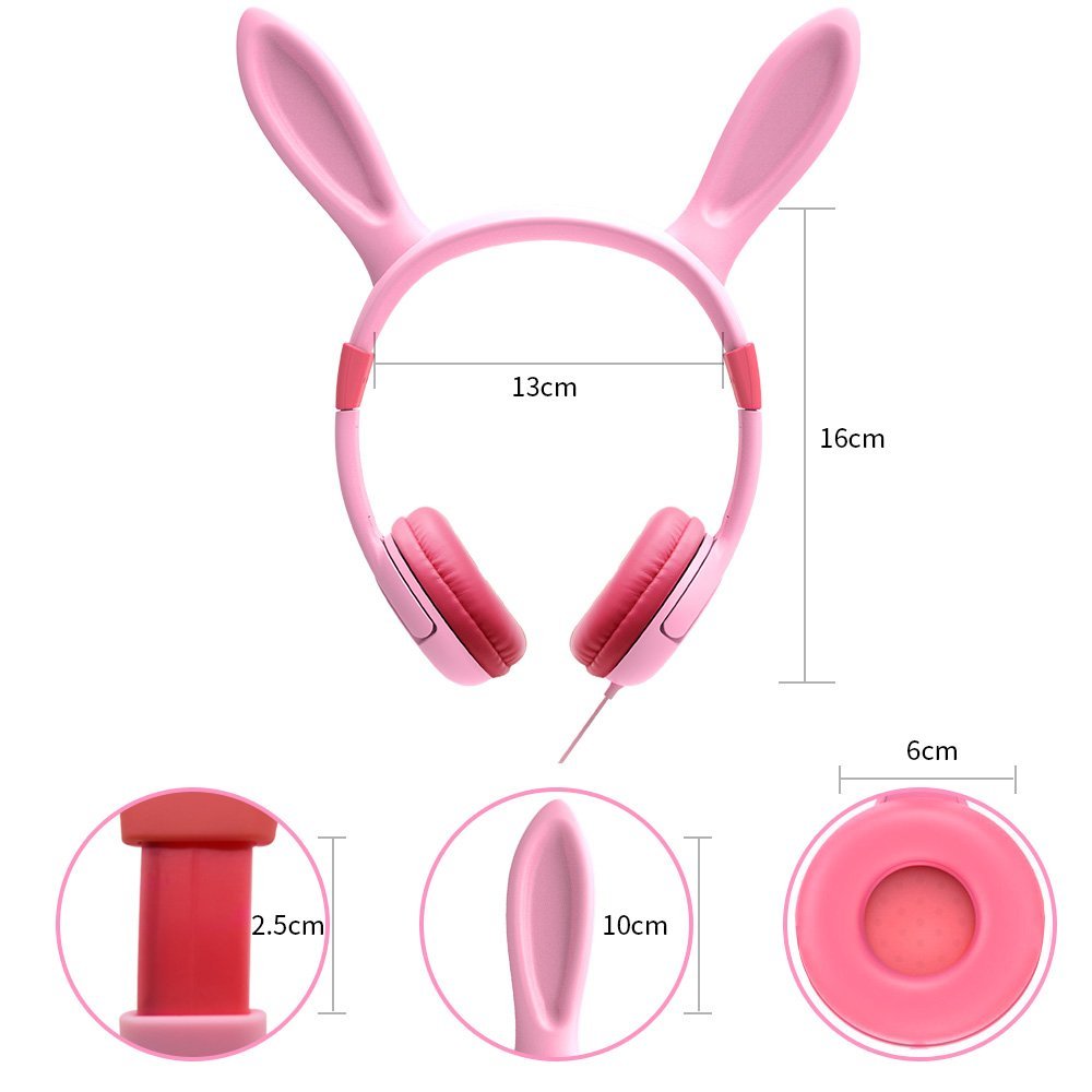 Kids Headphones, Lobkin Bunny Ear Wired On-Ear Earphones,Bluetooth Headsets Kids Friendly Safe Food Grade Material,Children Volume Limited Headphones -Pink