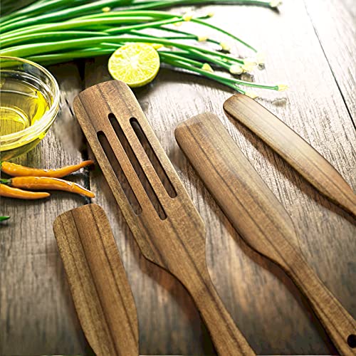 Wooden Cooking Utensils, TOPLANET 4 Pcs Natural Teak Kitchen Utensil Set Heat Resistant Non Stick Wood Cookware with Hanging Hole, Slotted Spurtle Spatula Sets for Stirring, Mixing, Serving