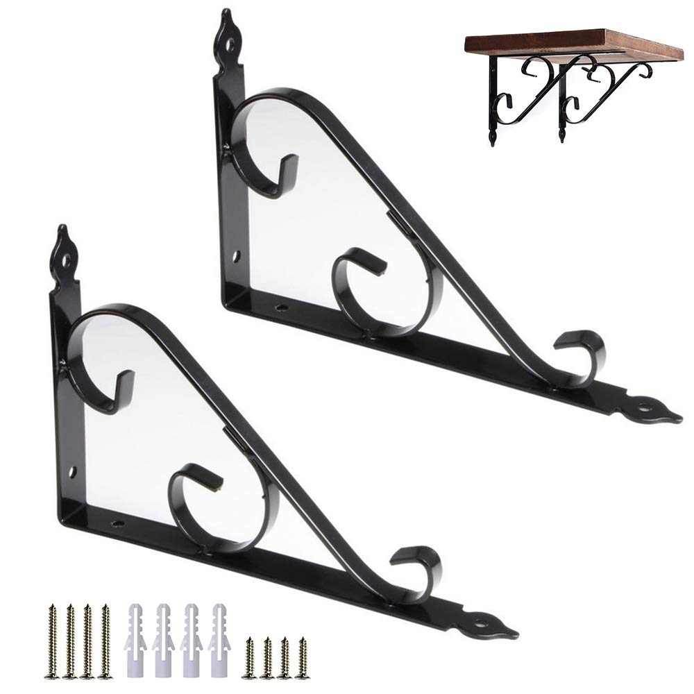 Wall Mounted Shelf Bracket,European Style Iron Bracket,Metal Support Joint Angle Bracket,Black Corner Brace Shelf Support Wall Hanging,with Hardware Screws,2pcs(250mm*164mm)