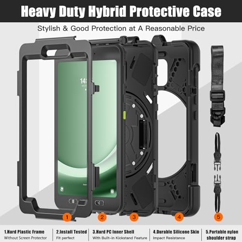 Gerutek Shockproof Case for Samsung Galaxy Tab Active 5 2024/Tab Active 3 2020 8 Inch, SM-X300/X306B/T570/T575, Heavy Duty Armor Case with Rotating Stand, Hand Strap and Shoulder Strap, Pen Holder, Black