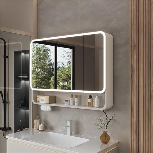 Botiquín con espejo para baño, Espejo de baño con almacenamiento, botiquín LED montado en la pared de aluminio, antivaho, atenuación continua, gabinete con espejo de tocador for baño(White,90x13x51cm)
