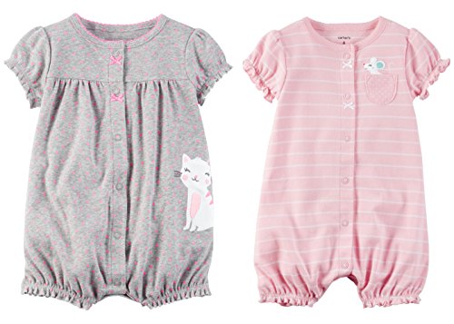 Carters Baby Girls 2 Pack Cotton Romper Creeper Set (6 Months, Grey Cat and Pink Mouse)