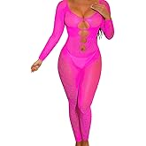EHSUYAB Women Sexy Full Leopard Fishnet Bodysuit, Poster Lace Jumpsuit Body Stockings, Club Rave Party Exotic Dancer Outfits
