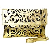 BMC Black Vinyl + Gold Faux Leather Decorative Cut Out Print Design Large Fashion Statement Envelope Clutch