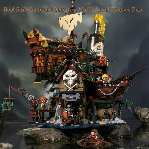 PAN TASY Pirate Tavern Building Set, Modular Wreck Architecture with Terrace Bar, Giant Rum Bottle - Adult Nautical Blocks Kit