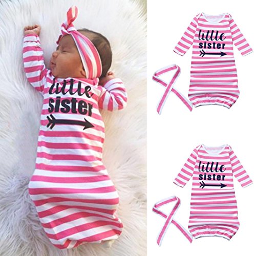Makaor 2Pcs Newborn Pajamas Gown Outfits Set Letter Stripe Long Sleeve Gown+Headband/Hat Sleeping Swaddle Wrap By (Size:Bust:50cm/19.7" Length:65cm/25.6", Pink)