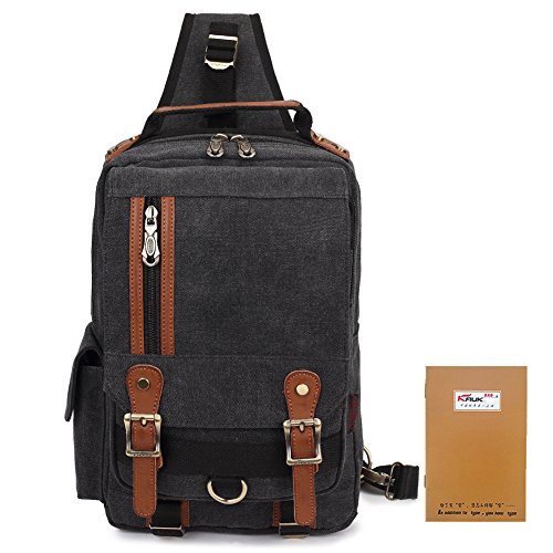 KAUKKO Unisex Canvas Leather Chest Pack Outdoor Single Shoulder Bag Messenger Bags Black