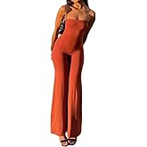 ECHOINE Women Bodycon Tube Top Wide Leg Jumpsuit Off Shoulder Long Pant Romper