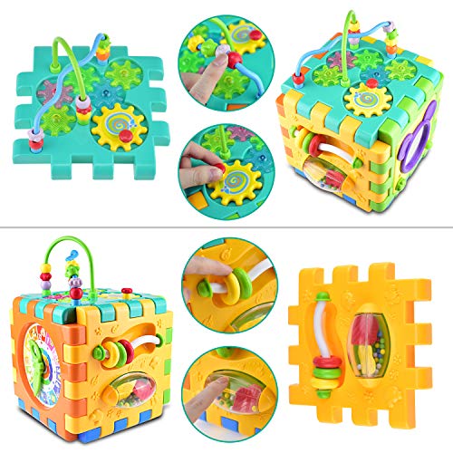 Alcoon Activity Cube 6 in 1 Multipurpose Play Center for Kids Toddlers Busy Learner Cube with Shapes Maze Music Gears Clock Educational Game Toys