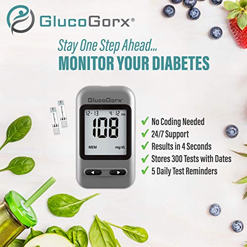 GlucoGorx® Blood Glucose Testing Kit - 210 Blood Test Strips, 225 Sterile Lancets, Glucometer, Depth Controlled Lancing Device, Control Solution, User Manual & Convenient Carrying Case