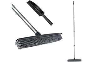 LANDHOPE Rubber Broom with Squeegee Fur and Long Handle, Carpet Rake and Lint Brush Set for Pet Dog Cat Hair Removal Tool, Sweeping Rug Brush Indoor Outdoor,Push Broom for Soft Carpet,Tile,Wooden Floor
