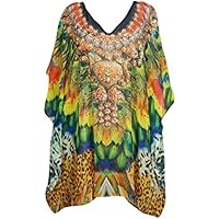 Mogul Interior Womens Short Caftan Bikini Cover up Beach Digital Print Kimono Kaftan Dress One Size
