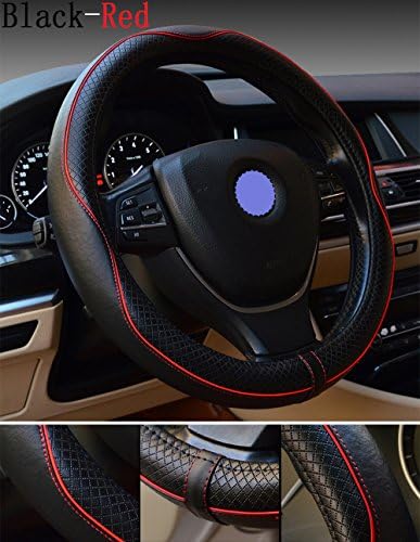 Universal 38cm Outer Diameter Leather Steering Wheel Cover Automotive Interior Accessories Emboss Soft Top Cowhide Breathable Anti-Sweat Slip Steering Wheel Wrap Cover Medium Size (38cm, Black+Redd)