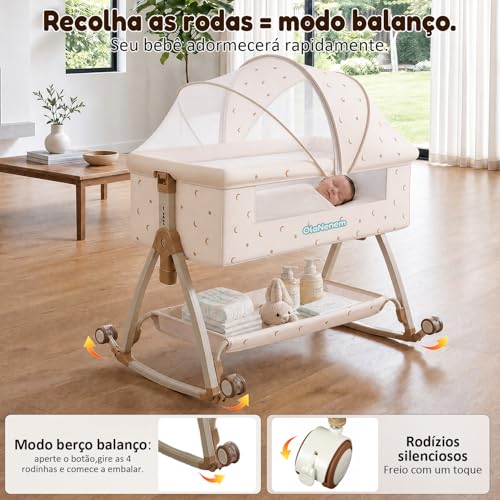 OLANENEM 6 em 1 Berço Portátil, Moises para bebe com Fraldário e Mosquiteiro, Acoplado à Cama com Suporte Triangular de Aço Carbono, 6 Alturas e Inclinação Antirrefluxo 5°(Bege)