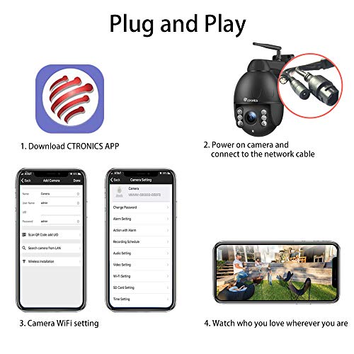 Ctronics PTZ Camera Outdoor,1080P WiFi Security IP Camera, 355Â° Pan 120Â° Tilt 4X Optical Zoom, Instant Notification of Motion Detection,165ft Night Vision, Black