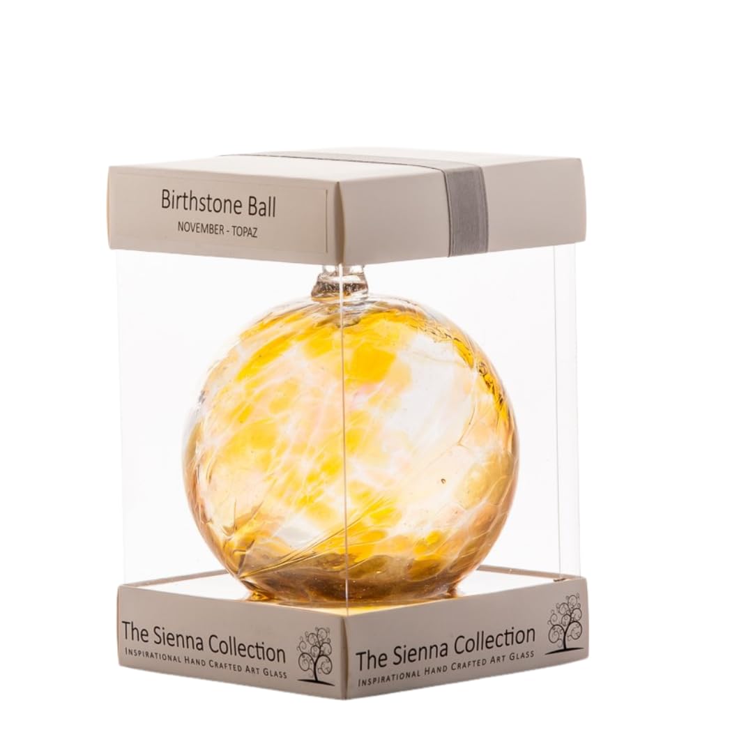 Sienna Glass November Birthstone Friendship Ball – 10cm Handcrafted Topaz-Coloured Glass Ornament with Ribbon – Unique Gift for Birthdays or Special Occasions