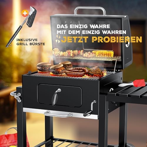 ® Barbecue con Carrello XL Barbecue a carbonella con Coperchio, Ruote, Manico in Acciaio Inox, griglia e termometro a carbonella,Grande Barbecue a carbonella Barbecue da Campeggio