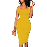 Nimsruc Women's Sexy Casual Tank Top Bodycon Dress Ruched Pencil Sleeveless Basic Midi Club Dresses