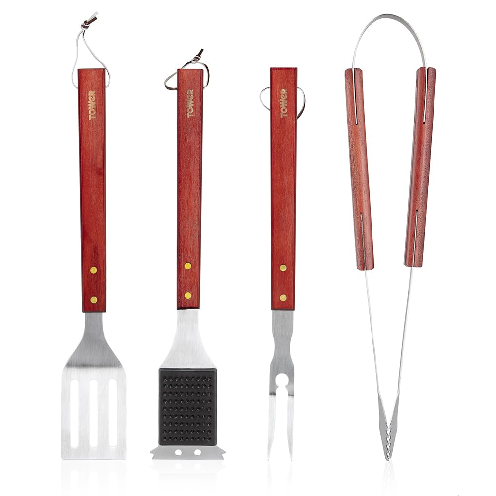 Tower BBQ Tools Set with Red Maple Wood Handles, 4pc, Stainless Steel, T932000
