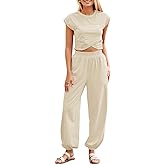 Fisoew Women's Two Piece Outfits Casual Lounge Sets Crop Tops and Joggers Tracksuit with Pockets, Medium, Beige