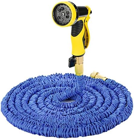 Evigreen 25FT Blue Expandable Garden Hose Durable Latex Hose Pipe Strongest Fabric Cover Brass Connector with 9 Pattern Spray Nozzle