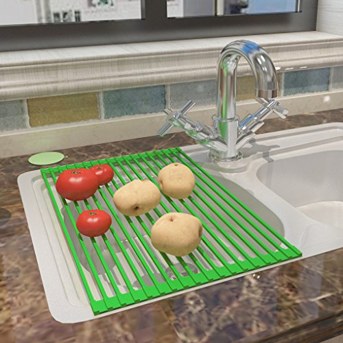 ISINO Multipurpose Countertop Draining Rack , Handy Drain Board Mat Dish Scrubber , Green - Thumbnail 3