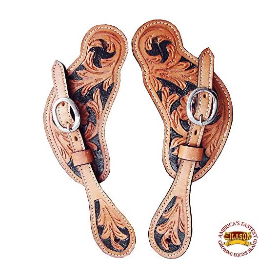 HILASON-CBHPS109-WESTERN-SPUR-STRAPS-LEATHER-LIGHT-OIL-wBLACK-HAND-PAINT-INLAY