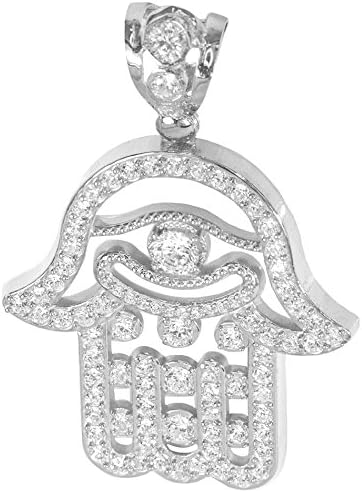 IcedJewels 6.74 cttw Round CZ 10K White Gold Hamsa Evil Eye Philosophical Hand Khamsa Micro Pave Extra Large Necklace Pendant