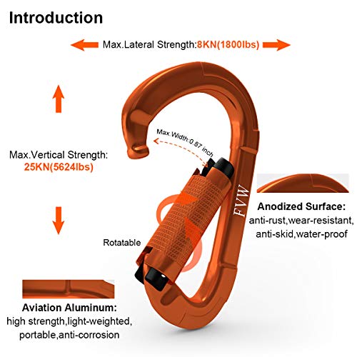 FVW Auto Locking Rock Climbing Carabiner Clips,Professional 25KN (5620 lbs) Heavy Duty Caribeaners for Rappelling Swing Rescue & Gym etc, Large Carabiners, D-Shaped (Orange) - Thumbnail 2