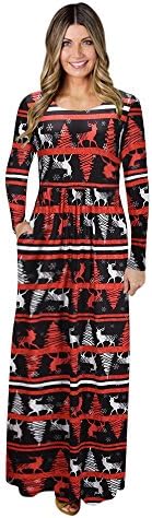 Kaitobe Womens Bohemian Long Sleeve Maxi Dress Santa Christmas Print High Waist Cocktail Party Prom Long Evening Dress