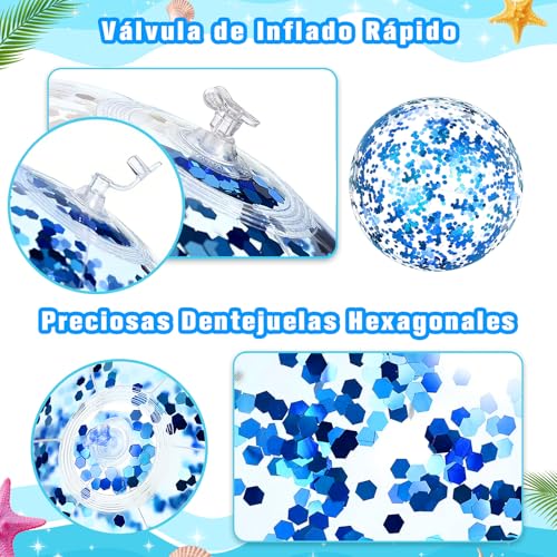 7CDXD 8 Pelota Inflable de Playa, 40 cm/16 Pulgadas Pelotas de Playa con Lentejuelas, con Bomba de Aire Gratis para Piscina, Fiesta