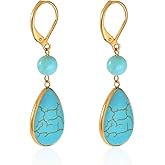 TaYolnFaSo 925 Sterling Silver Natural Gemstone Teardrop Fishhoop Drop Earrings 18k Real Gold Plated Turquoise Lever Back Earring Teardrop Jewelry Birthday Valentine's Day Gift for Women