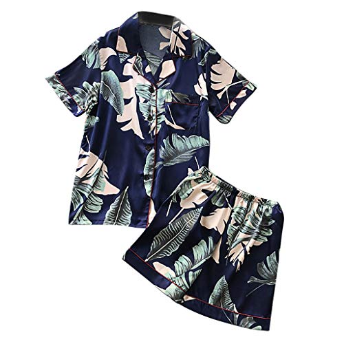 Women Simulation Silk Printing Pattern Pajamas Short Sleeve Sleepwear V Neck Nightwear Set Navy - Thumbnail 6