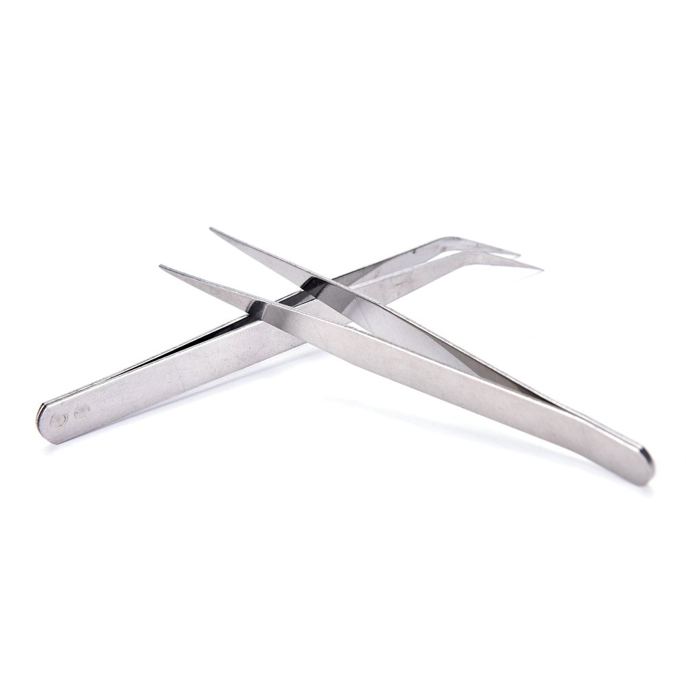 CHOP MALL 2pcs Professional Nail Art Rhinestones Eyelashes Extensions Makeup Pick Tweezer Nipper Clipper Tool Straight & Curved Tweezers Sliver