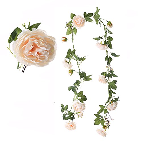 Felice Arts 5.9Ft Fake Peony Vine Garland Artificial Flower Plants Green Leaf Hanging Vine Garland for Wedding Party Home Garden Wall Decoration-Champagne …