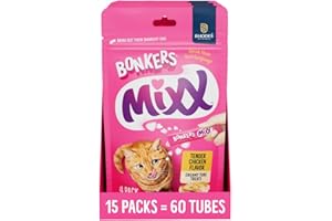 BONKERS Mixx, Wet Lickable Tube Tender Chicken Flavor Cat Treats, Real Meat, Training or Food Topper, for All Breeds and Ages, Value Pack (15 Pack, 60 Tubes)