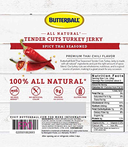 Butterball All Natural Tender Cuts Turkey Jerky 2.85oz (Spicy Thai, 4 Bags)
