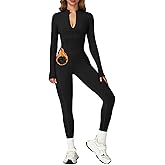 AEEZO Womens Fleece Lined Contour Seams Workout Jumpsuits Zip Up Thermal Yoga Rompers Sexy One Piece Bodycon Playsuit