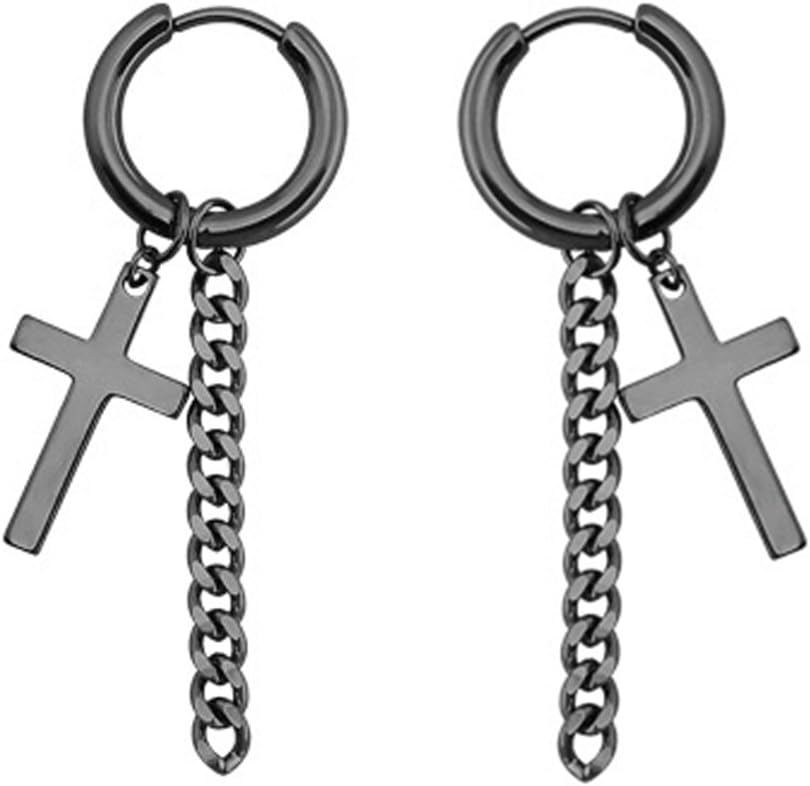 FPEAOB1 Pair Men's Womens Vintage Stainless Steel Cross Dangle Hinged Hoop Earrings