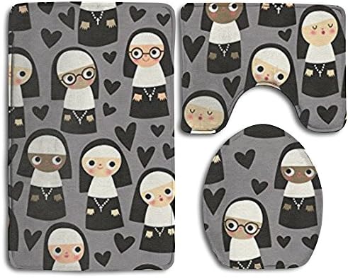 Meiyous Nuns On Gray Heart FLANNEL Bathroom Carpet Rug Non-Slip 3 Piece Toilet