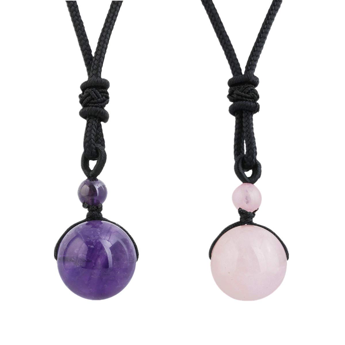 KYEYGWO 2 Pieces 16 mm Amerthyst/Rose Quartz Round Stone Bead Pendant Necklace for Men Women with Adjustable Chain